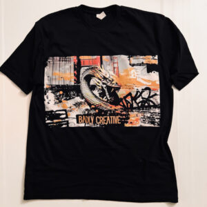 Badly Creative custom t-shirt design featuring a dragon over the Golden Gate Bridge, with bold graffiti and urban elements, printed in San Francisco.